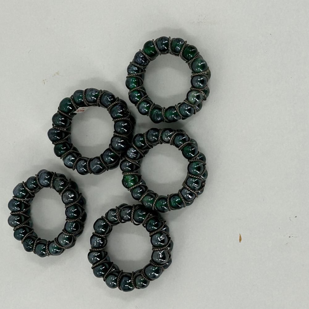 Vintage Beaded Napkin Rings Set of 5 Green Glass Silver Wire Boho Made in India